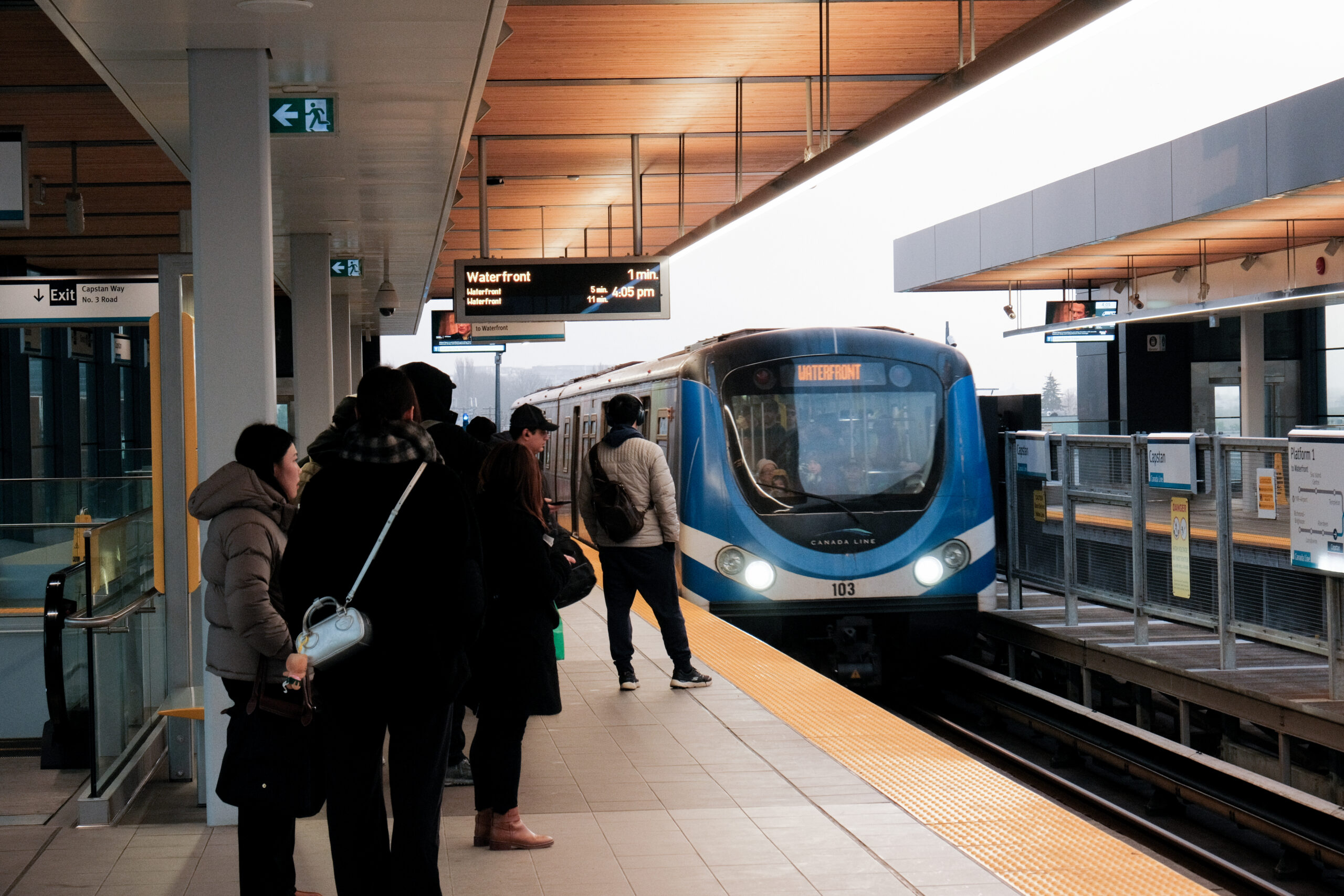 Canada Line train arriving at Capstan station
